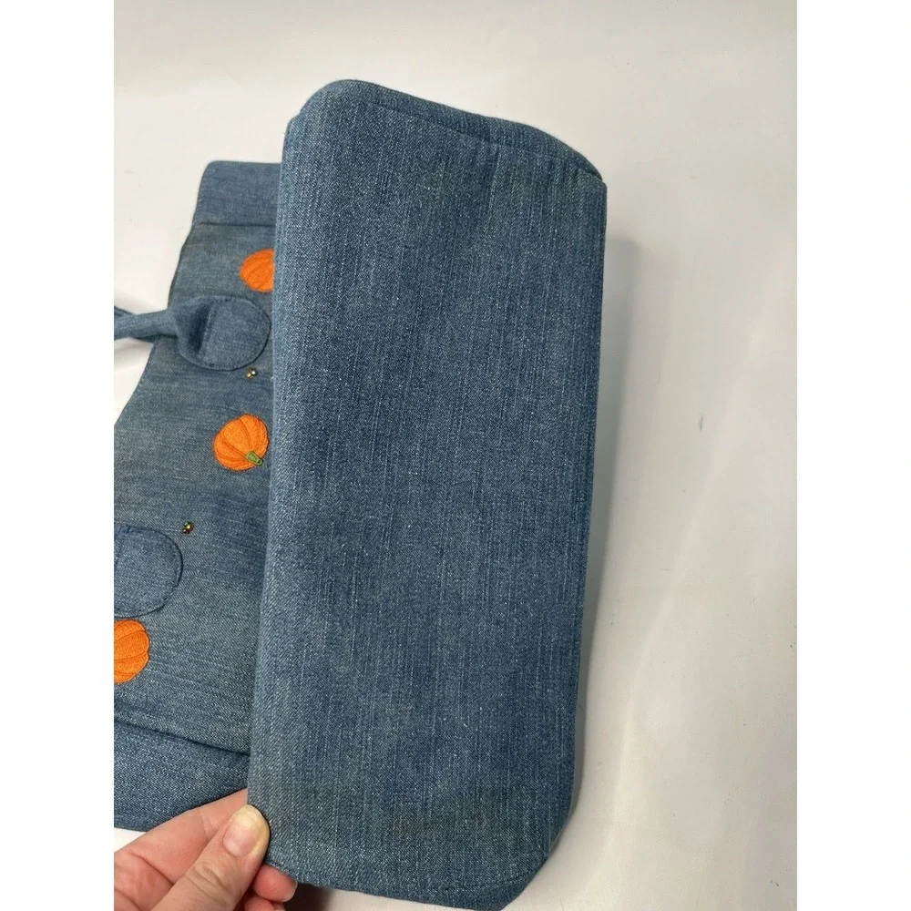 Vintage Quacker Factory denim blue shoulder bag w/ embroidered pumpkins